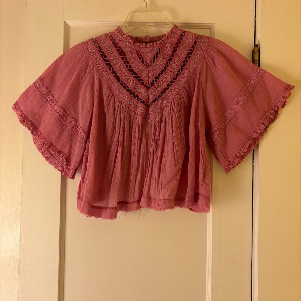 Free People: Breezy Cropped Pink Babydoll Blouse, Open Back, Lace Detailing (XS)